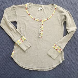 We The Free Olive Waffle Knit Top with Ivory Trim